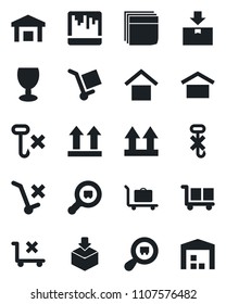 Set of vector isolated black icon - baggage trolley vector, fragile, cargo, warehouse storage, up side sign, no, hook, package, search, scanner, blank box