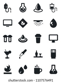 Set of vector isolated black icon - hot cup vector, water drop, dropper, flammable, monitor, alcohol, drink, cocktail, filter, sprinkler, flask