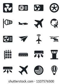 Set of vector isolated black icon - plane vector, airport tower, radar, wind, helicopter, seat map, globe, air conditioner, fan, paper, balloon