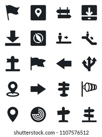 Set of vector isolated black icon - escalator vector, signpost, right arrow, left, wind, radar, route, pin, download, place tag, compass, flag, guidepost