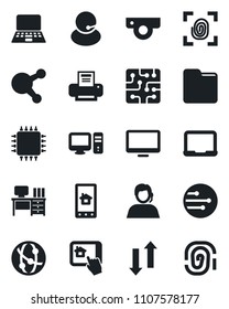 Set of vector isolated black icon - desk vector, notebook pc, support, network, monitor, share, folder, data exchange, printer, chip, fingerprint, web camera, home control app