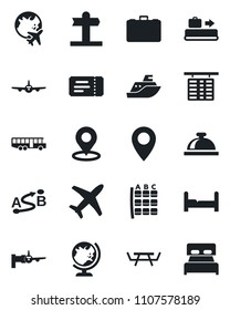 Set of vector isolated black icon - baggage conveyor vector, airport bus, ticket, reception bell, globe, plane, boarding, seat map, flight table, case, picnic, signpost, pin, sea shipping, route