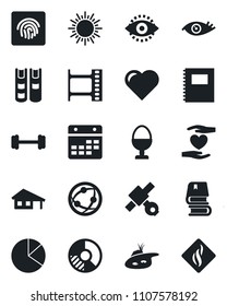 Set of vector isolated black icon - sun vector, circle chart, heart, barbell, hand, eye, satellite, film frame, network, calendar, id, fingerprint, copybook, pie graph, book, house with garage, pond