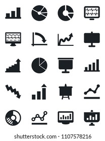 Set of vector isolated black icon - growth statistic vector, presentation board, crisis graph, circle chart, monitor pulse, statistics, bar, pie, point