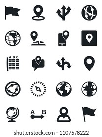 Set of vector isolated black icon - globe vector, seat map, route, navigation, earth, pin, mobile tracking, network, place tag, compass, flag