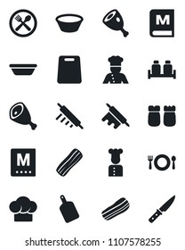 Set of vector isolated black icon - cook vector, cafe, hat, menu, bacon, salt and pepper, ham, bowl, rolling pin, cutting board, knife