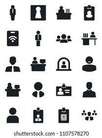 Set of vector isolated black icon - female vector, reception, manager, identity card, place, patient, user, desk, estate agent, pass, group