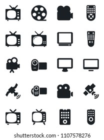 Set of vector isolated black icon - tv vector, reel, satellite, video camera, remote control, monitor