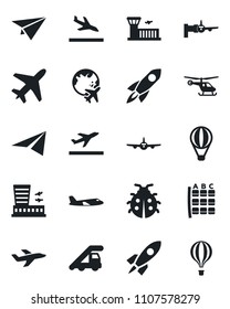Set of vector isolated black icon - plane vector, departure, arrival, ladder car, boarding, helicopter, seat map, globe, airport building, lady bug, rocket, paper, air balloon