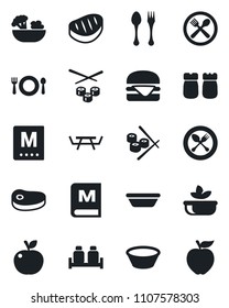 Set of vector isolated black icon - spoon and fork vector, picnic table, cafe, menu, salad, salt pepper, steak, hamburger, bowl, sushi, apple fruit