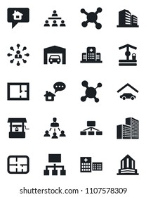 Set of vector isolated black icon - hierarchy vector, well, molecule, hospital, office building, garage, plan, home message