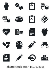 Set of vector isolated black icon - heart pulse vector, diagnosis, syringe, blood pressure, pills, blister, tomography, real, clipboard, hospital