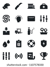 Set of vector isolated black icon - fork loader vector, glove, garden knife, sprayer, doctor case, package, news, settings, protect, identity card, mail, office building, flower in pot, wireless