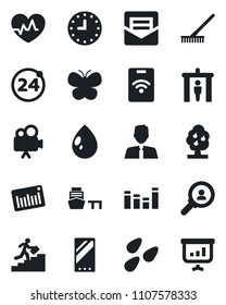 Set of vector isolated black icon - 24 around vector, security gate, rake, butterfly, water drop, seeds, heart pulse, clock, sea port, barcode, equalizer, video camera, mobile, mail, career ladder