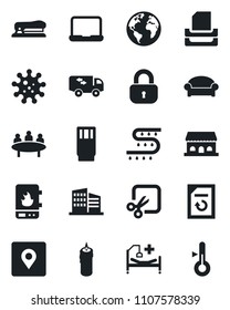Set of vector isolated black icon - waiting area vector, meeting, document reload, drip irrigation, hospital bed, virus, earth, cut, place tag, paper tray, notebook pc, stapler, office building