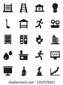 Set of vector isolated black icon - pedestal vector, bulb, ladder, fire, fireplace, monitor pulse, run, themes, presentation board, abacus, archive box, book, office building, flower in pot, alcove