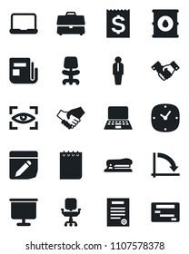 Set of vector isolated black icon - manager vector, handshake, office chair, notebook pc, notepad, crisis graph, receipt, oil barrel, news, clock, notes, case, presentation board, contract, stapler