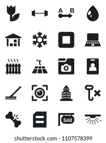 Set of vector isolated black icon - notebook pc vector, document, rake, water drop, barbell, broken bone, no hook, tulip, warehouse, route, stop button, photo gallery, office building, identity card