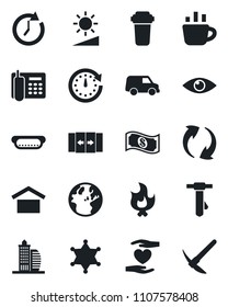 Set of vector isolated black icon - automatic door vector, tie, coffee, fire, heart hand, eye, warehouse storage, update, brightness, office phone, building, hot dog, water filter, police, clock