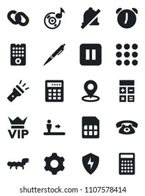 Set of vector isolated black icon - escalator vector, vip, calculator, caterpillar, chain, pause button, menu, protect, settings, alarm, sim, torch, mute, place tag, music, pen, phone