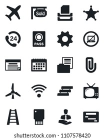 Set of vector isolated black icon - no laptop vector, passport, ladder, plane, 24 hours, client, settings, calendar, paper clip, document folder, tray, windmill, sold signboard, tv, wireless, police