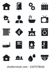 Set of vector isolated black icon - house vector, with tree, estate agent, bathroom, fireplace, heater, fridge, tv, smart home, control, water, router, gear, washer, smoke detector, jalousie, door