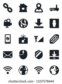 Set of vector isolated black icon - male vector, bomb in case, mail, mouse, house, navigation, earth, shield, video camera, network, chain, download, wireless, cellular signal, hot dog, router