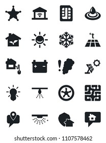 Set of vector isolated black icon - mobile tracking vector, sim, home control, chip, eco house, fan, snowflake, water, smoke detector, warm floor, bulb, garage gate, protect, police, sun panel