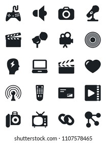 Set of vector isolated black icon - brainstorm vector, clapboard, vinyl, camera, microphone, antenna, speaker, gamepad, video, remote control, laptop pc, chain, heart, mail, tv, social media