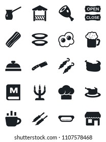 Set of vector isolated black icon - coffee vector, cook hat, menu, reception, beer, plates, bacon, candle, open close, alcove, chicken, kebab, ham, hot dog, knife, turkish, omelette, storefront