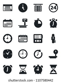 Set of vector isolated black icon - 24 around vector, alarm clock, flight table, heavy scales, stopwatch, manager, calendar, schedule, sand
