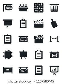 Set of vector isolated black icon - fence vector, flight table, presentation board, meeting, clipboard, clapboard, sale, rooms, sold signboard, cutting, chip