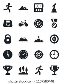 Set of vector isolated black icon - pedestal vector, medal, bike, run, heavy, clock, stopwatch, target, mountains, award cup