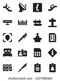 Set of vector isolated black icon - escalator vector, signpost, reception, identity card, barcode, satellite antenna, sim, face id, paper binder, pen, bedroom, reserved, information, pass