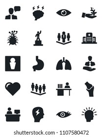 Set of vector isolated black icon - male vector, pedestal, team, brainstorm, manager place, heart, stomach, lungs, eye, joint, hospital, virus, client, speaker, desk, company, palm sproute