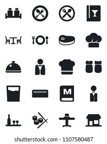 Set of vector isolated black icon - spoon and fork vector, cafe, waiter, dish, alcohol, restaurant table, cook hat, wine card, menu, reserved, drink, salt pepper, steak, sushi, storefront