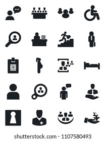 Set of vector isolated black icon - female vector, disabled, bed, speaking man, doctor, pregnancy, client, speaker, group, user, company, identity card, hr, manager desk, meeting, career ladder