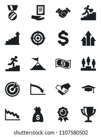 Set of vector isolated black icon - growth statistic vector, dollar sign, pedestal, medal, graduate, money bag, document, target, handshake, career ladder, arrow up graph, motivation, crisis, cash