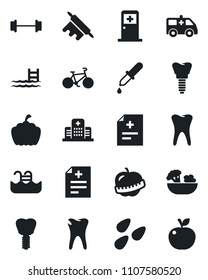 Set of vector isolated black icon - medical room vector, pumpkin, seeds, diagnosis, dropper, ambulance car, barbell, bike, tooth, caries, implant, diet, hospital, pool, salad, rolling pin