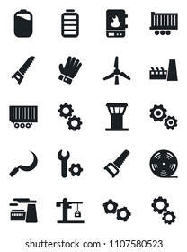 Set of vector isolated black icon - airport tower vector, gear, factory, glove, saw, sickle, truck trailer, reel, battery, root setup, windmill, crane, water heater