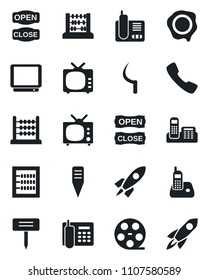 Set of vector isolated black icon - abacus vector, stamp, sickle, plant label, reel, tv, radio phone, call, office, open close, rocket