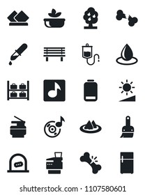 Set of vector isolated black icon - ticket office vector, luggage storage, water drop, bench, dropper, broken bone, low battery, themes, brightness, music, copier, fruit tree, serviette, salad
