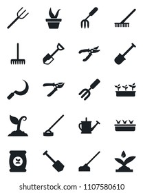 Set of vector isolated black icon - job vector, garden fork, shovel, farm, rake, seedling, watering can, sprout, pruner, hoe, sickle, fertilizer, irrigation