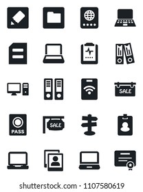 Set of vector isolated black icon - passport vector, office binder, notebook pc, document, pulse clipboard, signpost, laptop, folder, notes, photo gallery, sale, pass card, certificate