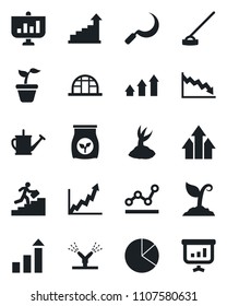 Set of vector isolated black icon - growth statistic vector, seedling, watering can, sproute, hoe, sickle, greenhouse, fertilizer, pie graph, point, career ladder, irrigation, arrow up, crisis