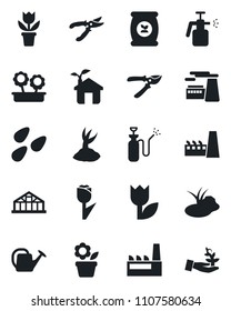 Set of vector isolated black icon - factory vector, flower in pot, watering can, sprout, pruner, greenhouse, seeds, pond, garden sprayer, fertilizer, tulip, eco house, palm