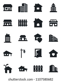 Set of vector isolated black icon - fence vector, house, garden light, store, office building, with garage, sweet home, city, cafe, eco, door