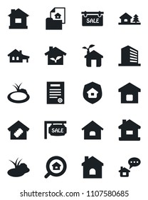 Set of vector isolated black icon - office building vector, house, pond, contract, with garage, tree, estate document, sale, search, smart home, insurance, eco, message