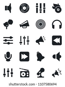 Set of vector isolated black icon - vinyl vector, flame disk, microphone, radio, speaker, loudspeaker, settings, headphones, fast forward, rewind, tuning, bell, advertising