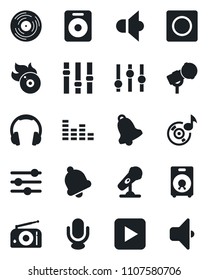 Set of vector isolated black icon - vinyl vector, flame disk, microphone, radio, speaker, settings, equalizer, headphones, play button, tuning, bell, record, music, sound